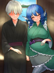 Rule 34 | 1boy, 3girls, black kimono, blue hair, blush, breasts, closed eyes, closed mouth, collarbone, commentary request, drill hair, drill sidelocks, fins, frilled kimono, frills, grass root youkai network, green kimono, grey hair, head fins, highres, imaizumi kagerou, japanese clothes, ke-su, kimono, large breasts, mermaid, monster girl, multiple girls, pregnant, sekibanki, sidelocks, smile, touhou, wakasagihime, water