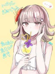 Rule 34 | 1girl, bare arms, bare shoulders, bikini, blush, breasts, brown eyes, brown hair, cleavage, collarbone, commentary request, cup, danganronpa (series), danganronpa 2: goodbye despair, flipped hair, flower, galaga, grey bikini, hair flower, hair ornament, highres, holding, holding cup, medium hair, nanami chiaki, official alternate costume, orange background, purple flower, simple background, solo, swimsuit, translation request, upper body, zui nianshao