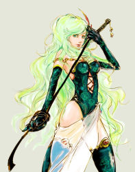 Rule 34 | 1990s (style), 1girl, aged up, breasts, elbow gloves, female focus, final fantasy, final fantasy iv, final fantasy iv: the after years, gloves, green eyes, green hair, hair ornament, leotard, long hair, matching hair/eyes, retro artstyle, rydia (ff4), simple background, solo, thighhighs, very long hair, whip