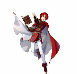 Rule 34 | 1boy, azelle (fire emblem), book, boots, brown footwear, cape, clenched hand, coat, fire emblem, fire emblem: genealogy of the holy war, fire emblem heroes, holding, holding book, nintendo, official art, pants, red cape, red coat, red eyes, red hair, tobi (kotetsu), white pants