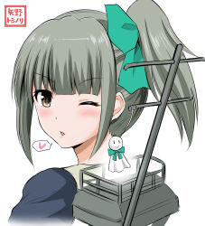 Rule 34 | 10s, 1girl, blunt bangs, bow, commentary request, folded ponytail, from behind, green hair, hair bow, heart, highres, kantai collection, looking at viewer, looking back, one eye closed, open mouth, rigging, sailor collar, sailor shirt, shirt, sidelocks, smile, solo, spoken heart, teruterubouzu, translation request, upper body, yano toshinori, yellow eyes, yuubari (kancolle)