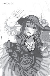 Rule 34 | 1girl, :d, alternate costume, artist name, breasts, choker, cleavage, collarbone, cow girl (goblin slayer!), dress, from above, goblin slayer!, greyscale, hat, highres, jewelry, kannatsuki noboru, layered dress, long dress, long hair, looking up, medium breasts, monochrome, novel illustration, official art, open mouth, ring, smile, solo, sparkle