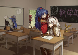 Rule 34 | 4girls, :d, :o, absurdres, black dress, black hair, black pants, blue eyes, blue shirt, boots, braid, brown footwear, brown gloves, brown shorts, cape, chair, chalkboard, classroom, closed eyes, doll, dress, elbow gloves, floor, fu hua, fu hua (valkyrie accipiter), gloves, hair between eyes, hair ornament, headband, highres, holding, holding paper, holding pen, homu (honkai impact), honkai (series), honkai impact 3rd, indoors, jacket, kiana kaslana, kiana kaslana (valkyrie ranger), long hair, long sleeves, multiple girls, murata himeko, murata himeko (valkyrie triumph), notebook, nun, open mouth, pants, paper, pen, ponytail, raiden mei, raiden mei (valkyrie bladestrike), red dress, red hair, red jacket, shirt, shorts, silvercat2337, sitting, smile, table, theresa apocalypse, theresa apocalypse (valkyrie pledge), twin braids, white hair, white jacket