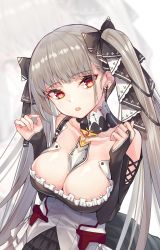 Rule 34 | 1girl, absurdres, azur lane, bad id, bad pixiv id, bare shoulders, between breasts, black dress, blush, breasts, cleavage, commentary request, dress, earrings, eyelashes, formidable (azur lane), frilled dress, frills, grey hair, hair ribbon, highres, jewelry, large breasts, long hair, long sleeves, looking at viewer, mayoichi, open mouth, red eyes, ribbon, solo, twintails, two-tone dress, two-tone ribbon, very long hair