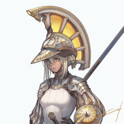 Rule 34 | 1girl, armor, black gloves, blonde hair, closed mouth, cropped, gloves, green eyes, grey background, hair between eyes, hand on own hip, helmet, highres, nishiki areku, original, pauldrons, puffy sleeves, shield, shoulder armor, signature, simple background, solo, upper body, weapon