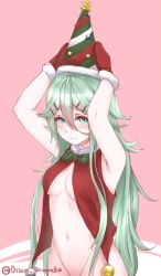 Rule 34 | 10s, 1girl, alternate costume, armpits, arms up, artist name, bare shoulders, blush, bottomless, bow, bowtie, breasts, disco brando, gloves, green bow, green bowtie, green eyes, green hair, groin, hair between eyes, hair ornament, hairclip, hat, highres, kantai collection, long hair, looking at viewer, medium breasts, multicolored clothes, multicolored hat, navel, no bra, open clothes, open vest, out-of-frame censoring, pink background, red gloves, red vest, simple background, sleeveless, solo, star (symbol), stomach, twitter username, underboob, upper body, very long hair, vest, yamakaze (kancolle)