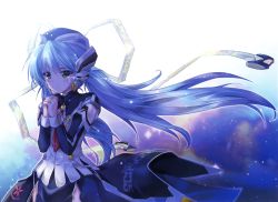 Rule 34 | 1girl, armor, blue dress, blue hair, crying, crying with eyes open, dress, faulds, floating hair, green eyes, hair between eyes, headset, highres, hoshino yumemi, komatsu eiji, long hair, long sleeves, necktie, own hands clasped, own hands together, planetarian, red necktie, solo, standing, tears, very long hair, white background