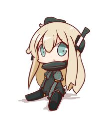 Rule 34 | 10s, 1girl, bad id, bad twitter id, blonde hair, blue eyes, chibi, commentary request, garrison cap, hair between eyes, hat, highres, kantai collection, long hair, long sleeves, looking at viewer, nuu (nu-nyu), puffy long sleeves, puffy sleeves, simple background, sitting, solo, u-511 (kancolle), white background