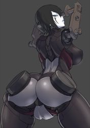 Rule 34 | 1girl, android, arched back, arms up, ass, bad id, bad pixiv id, black hair, blame!, blue lips, breasts, commentary request, covered erect nipples, cowboy shot, facial mark, from behind, from below, grey background, grey eyes, large breasts, lips, looking at viewer, looking back, mikoyan, pale skin, parted lips, prosthesis, prosthetic arm, safeguard (blame!), sanakan, screw, short hair, simple background, solo