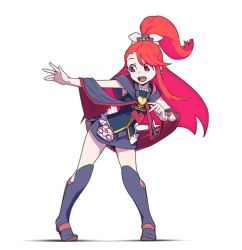 Rule 34 | 1girl, :d, blue footwear, boots, brooch, earrings, full body, happinesscharge precure!, heart, jewelry, kagari atsuko, little witch academia, long hair, open mouth, ponytail, precure, red eyes, red hair, simple background, smile, solo, uganda (ugandam 00), white background