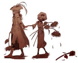 Rule 34 | 1girl, bandages, bloodborne, boots, bruise, cape, collar, enlarged head patient, flower, from software, gloves, holding hands, hat, holding, holding flower, hospital gown, injury, lady maria of the astral clocktower, monochrome, murai shinobu, ponytail, sack, simple background, spoilers, sunflower, sword, the old hunters, torn clothes, tricorne, unamused, weapon