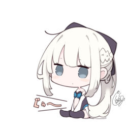 Rule 34 | 1girl, bare shoulders, beni shake, black bow, black leotard, blue bow, blush, bow, braid, chibi, closed mouth, commentary request, detached sleeves, fate/grand order, fate (series), full body, grey hair, hair bow, hungry, leotard, long hair, long sleeves, looking at viewer, morgan le fay (fate), ponytail, signature, simple background, sitting, solo, stomach growling, strapless, strapless leotard, very long hair, white background, white hair, white sleeves