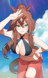 Rule 34 | 1girl, absurdres, animal ears, arknights, arm up, bare arms, bare shoulders, bikini, black bikini, blue sky, breasts, brown hair, cloud, collarbone, commission, cowboy shot, criss-cross halter, day, green eyes, grin, hair between eyes, halterneck, highres, horse ears, large breasts, long hair, looking at viewer, meteor (arknights), migu (iws2525), navel, pixiv commission, ponytail, sarong, sky, smile, solo, standing, stomach, swimsuit, tail
