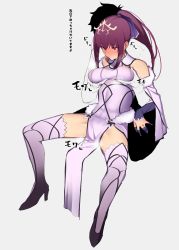 Rule 34 | 1boy, 1girl, bare shoulders, blush, boots, breasts, closed mouth, commentary request, crown, detached sleeves, dress, fate/grand order, fate (series), fujimaru ritsuka (male), grey background, groping motion, high heel boots, high heels, highres, invisible chair, jikatarou, long sleeves, medium breasts, nose blush, pelvic curtain, ponytail, purple dress, red eyes, red hair, scathach (fate), scathach skadi (fate), scathach skadi (third ascension) (fate), simple background, sitting, spread legs, steaming body, thigh boots, thighhighs, translation request