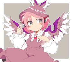 Rule 34 | 1girl, animal ears, bird ears, bird wings, blush, brown dress, brown hat, closed mouth, dress, feathered wings, frills, gem, grey background, grey eyes, hand up, hat, ini (inunabe00), jewelry, long sleeves, looking to the side, mob cap, mystia lorelei, pink hair, red gemstone, red neckwear, shirt, short hair, simple background, solo, touhou, white shirt, wings
