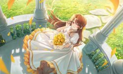 Rule 34 | 1girl, bouquet, brown eyes, brown hair, chromatic aberration, dress, falling petals, flower, frilled dress, frills, half updo, highres, holding, holding bouquet, layered dress, lens flare, long hair, looking at viewer, original, parted bangs, petals, plus1024, short sleeves, smile, solo, standing, wind