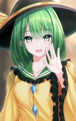 Rule 34 | 1girl, 7saki, bad id, bad pixiv id, black hat, breasts, commentary request, frilled sailor collar, frilled sleeves, frills, green eyes, green hair, green sailor collar, hand up, hat, hat ribbon, highres, komeiji koishi, long sleeves, looking at viewer, open mouth, ribbon, sailor collar, shirt, smile, solo, teeth, touhou, upper body, upper teeth only, yellow ribbon, yellow shirt, ||/