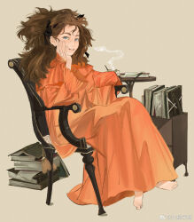 Rule 34 | 1girl, armchair, barefoot, blue eyes, book, book stack, bookshelf, brown hair, chair, chinese commentary, cup, daxing jia quan, dress, earrings, hand on own cheek, hand on own face, highres, jewelry, long hair, long sleeves, looking at viewer, messy hair, orange dress, original, parted lips, simple background, sitting, smoke, smoke trail, solo, stud earrings, table, teacup, toes, weibo logo, weibo watermark, wide sleeves, yellow background