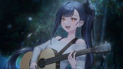 Rule 34 | 1girl, baegbalbaegjung, blue hair, blurry, blurry background, dark blue hair, fangs, guitar, highres, holding, holding instrument, instrument, lilpa, looking at viewer, music, off-shoulder shirt, off shoulder, open mouth, playing instrument, ponytail, shirt, solo, upper body, virtual youtuber, waktaverse, white shirt, yellow eyes