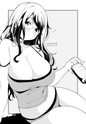 Rule 34 | 1girl, breasts, can, cleavage, commentary request, dated, grey background, greyscale, highres, holding, holding can, kichihachi, large breasts, long hair, looking at viewer, monochrome, original, sitting, smile, solo, thighs, two-tone background, white background