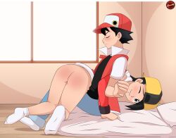 Rule 34 | 2boys, absurdres, aleuz91, armband, artist logo, artist name, ass, blush, bottomless, closed eyes, commission, creatures (company), ethan (pokemon), game freak, hat, highres, indoors, lying on lap, lying on person, male focus, multiple boys, nintendo, one eye closed, pokemon, pokemon hgss, pokemon rgby, red (pokemon), red headwear, signature, sitting, socks, soles, spanked, spanking, thighs, white socks, yellow headwear