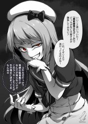 Rule 34 | 1girl, beret, dress, ebiblue, gesugao, gloves, greyscale, grin, hat, highres, jervis (kancolle), kantai collection, long hair, monochrome, raised eyebrow, red eyes, sailor collar, sailor dress, short sleeves, signature, simple background, smile, solo, spot color, translated, twitter username