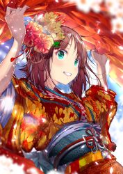 Rule 34 | 1girl, amami haruka, brown hair, commentary request, floral print, flower, green eyes, hair flower, hair ornament, hands up, highres, idolmaster, idolmaster (classic), japanese clothes, kimono, light particles, obi, red kimono, sash, short hair, smile, solo, tassel, teeth, upper body, wide sleeves, yae (mono110)