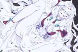 Rule 34 | 1girl, arm up, bare legs, barefoot, blue nails, breasts, chestnut mouth, cleavage, collarbone, colored skin, commentary request, dutch angle, facial mark, falling leaves, floral print, forehead mark, grey eyes, hair bobbles, hair ornament, highres, japanese clothes, kimetsu no yaiba, kimono, leaf, legs apart, litsvn, long hair, looking at viewer, lying, mature female, medium breasts, mother spider demon (kimetsu no yaiba), nail polish, obi, on back, parted bangs, parted lips, sash, solo, spread legs, thick eyebrows, toenail polish, toenails, very long hair, white hair, white kimono, white skin