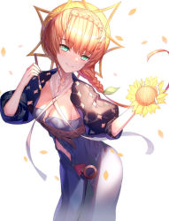 Rule 34 | 1girl, blue dress, blush, braid, breasts, cleavage, closed mouth, clothing cutout, crown braid, dress, fate/grand order, fate (series), flower, green eyes, hat, highres, long hair, looking at viewer, navel, navel cutout, orange hair, orange hat, paintbrush, petals, puffy short sleeves, puffy sleeves, ririko (zhuoyandesailaer), short sleeves, side braid, simple background, small breasts, smile, straw hat, striped clothes, striped headwear, sunflower, van gogh (fate), white background, yellow flower, yellow hat