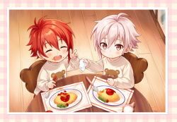 Rule 34 | 2boys, aged down, chair, child, closed eyes, food, idolish7, ima (luce365), kujou tenn, long sleeves, male focus, multiple boys, nanase riku, omelet, omurice, open mouth, red hair, short hair, spoon, table, wooden chair, wooden table