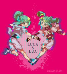 Rule 34 | 1boy, 1girl, absurdres, artist request, blush, brother and sister, character name, english text, green hair, happy, heart, highres, jacket, jumping, long hair, lua (yu-gi-oh!), luca (yu-gi-oh!), open mouth, ponytail, shoes, shorts, siblings, trap, twintails, yellow eyes, yu-gi-oh!, yu-gi-oh! 5d&#039;s