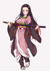 Rule 34 | 1girl, absurdres, artist name, bamboo, bit gag, black hair, breasts, brown hair, checkered sash, commentary request, forehead, gag, unworn gag, gao2519, gradient hair, hair ribbon, highres, holding, holding sword, holding weapon, japanese clothes, kamado nezuko, katana, kimetsu no yaiba, kimono, large breasts, long hair, long sleeves, looking at viewer, mouth hold, multicolored hair, obi, pink eyes, pink kimono, pink ribbon, ribbon, sash, simple background, solo, sword, two-tone hair, very long hair, weapon, white background