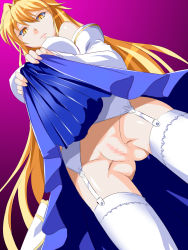 Rule 34 | 00s, 1girl, archetype earth, arcueid brunestud, blonde hair, breasts, censored, clothes lift, dress, dress lift, female focus, gradient background, highres, large breasts, long hair, looking down, no panties, nuko majin, pussy, serious, solo, standing, tsukihime, type-moon, yellow eyes