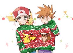 Rule 34 | + +, 2boys, blue oak, blush, brown eyes, brown hair, character print, christmas sweater, closed mouth, commentary request, covering one eye, creatures (company), eevee, game freak, gen 1 pokemon, green sweater, hat, huan li, male focus, multiple boys, nintendo, pants, pikachu, pokemon, pokemon (creature), pokemon frlg, purple pants, red (pokemon), red headwear, shared clothes, shared sweater, short hair, sparkle, spiked hair, sweater, white background