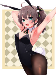 Rule 34 | 1girl, ahoge, animal ears, armpits, black bow, black bowtie, black leotard, black pantyhose, black ribbon, blue eyes, bow, bowtie, breasts, brown hair, cat hair ornament, checkered background, cowboy shot, detached collar, festa11307070, hair between eyes, hair ornament, hair ribbon, hololive, leotard, long hair, looking at viewer, natsuiro matsuri, pantyhose, playboy bunny, rabbit ears, rabbit tail, ribbon, side ponytail, small breasts, smile, solo, strapless, strapless leotard, tail, virtual youtuber, wrist cuffs