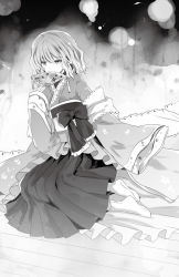 Rule 34 | 1girl, covering face, covering own mouth, covering privates, female focus, folding fan, full body, greyscale, hand fan, hieda no akyuu, japanese clothes, kimono, monochrome, paper fan, short hair, sitting, solo, torii sumi, touhou
