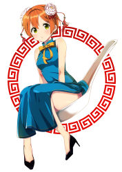 Rule 34 | 1girl, black footwear, blue dress, blush, bow, bowtie, china dress, chinese clothes, chinese spoon, dress, flower, green eyes, hair flower, hair ornament, hands on lap, high heels, highres, hoshizora rin, in spoon, knees together feet apart, looking at viewer, love live!, love live! school idol festival, love live! school idol project, meandros, orange hair, shoes, short hair, side slit, simple background, sitting, sleeveless, sleeveless dress, solo, spoon, tassel, white background, yellow bow, yellow bowtie, yuama (drop)
