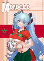 Rule 34 | 1girl, 2022 fifa world cup, al rihla, ball, blue eyes, blue hair, breasts, crop top, green skirt, hatsune miku, highres, jokanhiyou, large breasts, long hair, looking at viewer, midriff, morocco, multicolored clothes, multicolored skirt, navel, pleated skirt, red skirt, skirt, soccer, soccer ball, soccer uniform, solo, sportswear, twintails, underboob, very long hair, vocaloid, world cup