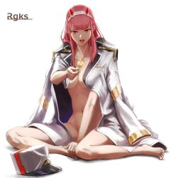 Rule 34 | 10s, barefoot, candy, darling in the franxx, eyeshadow, feet, food, hairband, hands on feet, hat, unworn hat, unworn headwear, highres, horns, jacket, jacket on shoulders, lollipop, looking at viewer, makeup, military, military hat, military jacket, military uniform, naked jacket, nude, pink hair, red eyes, religious offering, rgks0808, sitting, solo, straight hair, toes, tongue, tongue out, uniform, white hairband, zero two (darling in the franxx)