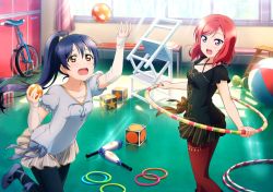 Rule 34 | 10s, 2girls, ankle lace-up, ball, blue hair, brown eyes, chair, cross-laced footwear, dress, highres, holding, hoop, hula hoop, juggling, juggling club, long hair, love live!, love live! school idol festival, love live! school idol project, multiple girls, nishikino maki, non-web source, official art, open mouth, pantyhose, ponytail, puffy sleeves, purple eyes, red hair, ribbon, sandals, scan, short dress, short hair, short sleeves, slippers, smile, sonoda umi, unicycle