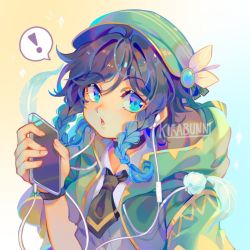 Rule 34 | !, 1boy, alternate costume, androgynous, beret, black hair, blue eyes, blue hair, braid, collared shirt, earphones, feathers, genshin impact, gradient hair, green eyes, green hat, hat, holding, holding phone, hood, hood down, hooded jacket, jacket, kirabunni, looking at viewer, male focus, multicolored hair, necktie, open mouth, phone, shirt, short hair with long locks, simple background, solo, speech bubble, twin braids, venti (genshin impact), white shirt