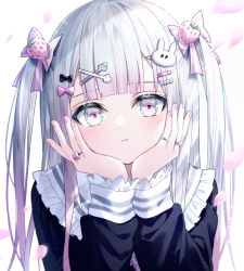 Rule 34 | 1girl, black shirt, blunt bangs, blush, bow, collar, commentary request, dot nose, food-themed hair ornament, frilled shirt collar, frills, gradient hair, grey eyes, hair bow, hair ornament, hairclip, hands on own cheeks, hands on own face, head rest, jewelry, kazunehaka, light smile, looking at viewer, medium hair, multicolored hair, multiple rings, nail polish, original, petals, pink bow, pink hair, pink nails, rabbit hair ornament, ring, shirt, simple background, solo, strawberry hair ornament, two side up, upper body, white background, white bow, white collar, white hair