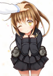 Rule 34 | 10s, 1girl, blush, brown hair, crescent, fumizuki (kancolle), hand on another&#039;s head, head pat, headpat, imachi (staccato squirrel), kantai collection, long hair, looking at viewer, necktie, one eye closed, personification, school uniform, serafuku, skirt, smile, solo focus, wink, yellow eyes