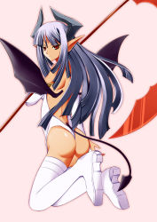 Rule 34 | 1girl, ass, backless outfit, bad id, bad pixiv id, bare back, bat wings, boots, demon girl, demon tail, expressionless, female focus, full body, gradient background, high heels, horns, kojou, legs, leotard, long hair, looking back, original, pointy ears, red eyes, scythe, shoes, simple background, solo, swimsuit, tail, thigh boots, thighhighs, thighs, thong leotard, white thighhighs, wings