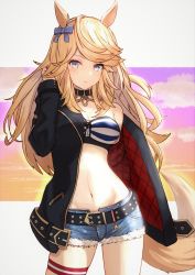 Rule 34 | 1girl, animal ears, belt, blonde hair, bow, breasts, choker, commentary, cowboy shot, denim, denim shorts, gold city (umamusume), grey eyes, hand in own hair, highres, horse ears, horse girl, horse tail, jacket, long hair, long sleeves, looking at viewer, magata001, medium breasts, midriff, navel, open clothes, open jacket, short shorts, shorts, single bare shoulder, solo, stomach, strapless, tail, thigh strap, tube top, umamusume