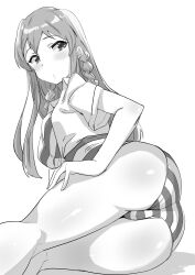 Rule 34 | 1girl, absurdres, ass, ass focus, bare legs, blush, braid, breasts, cameltoe, collared shirt, dot mouth, dot nose, double-parted bangs, echihiro, eyelashes, greyscale, hair over breasts, hair over shoulder, hand on own thigh, highres, idolmaster, idolmaster million live!, idolmaster million live! theater days, kousaka umi, large breasts, long hair, looking at viewer, looking back, lying, monochrome, on side, open clothes, open shirt, panties, shirt, short sleeves, shy, simple background, solo, straight hair, striped clothes, striped panties, striped shirt, thighs, twin braids, underwear, white background