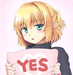 Rule 34 | 1girl, :o, alternate costume, blonde hair, blush, gradient background, green eyes, hair intakes, half updo, isaki (gomi), looking at viewer, mizuhashi parsee, open mouth, pillow, pointy ears, ribbed sweater, short hair, solo, sweater, touhou, turtleneck, yes, yes-no pillow