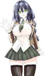 Rule 34 | 1girl, arm at side, assault lily, black hair, black thighhighs, braid, braided ponytail, breasts, brown jacket, buttons, collared shirt, cowboy shot, emblem, green eyes, green necktie, green skirt, hair between eyes, hand up, jacket, large breasts, long sleeves, looking at viewer, low ponytail, miniskirt, nakabayashi kaina, necktie, neni hatahachi, open clothes, open hand, open jacket, parted lips, pearl hair ornament, pleated skirt, school uniform, shirt, simple background, single braid, skirt, smile, solo, standing, striped clothes, striped skirt, thighhighs, vertical-striped clothes, vertical-striped skirt, white background, white shirt, zettai ryouiki