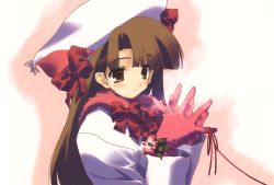 Rule 34 | 1girl, brown eyes, brown hair, character request, flower, gloves, hat, long hair, red gloves, red ribbon, ribbon, solo, source request, string, string of fate