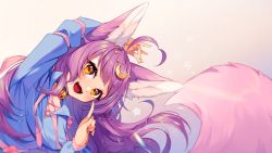 Rule 34 | 1girl, ahoge, animal ears, arm behind head, arm up, bell, blouse, blue shirt, brown eyes, choker, fangs, fox ears, fox girl, fox shadow puppet, fox tail, hair ornament, highres, hyanna-natsu, index finger raised, jingle bell, leaning to the side, long hair, open mouth, original, purple hair, shirt, smile, solo, tail, upper body, virtual youtuber